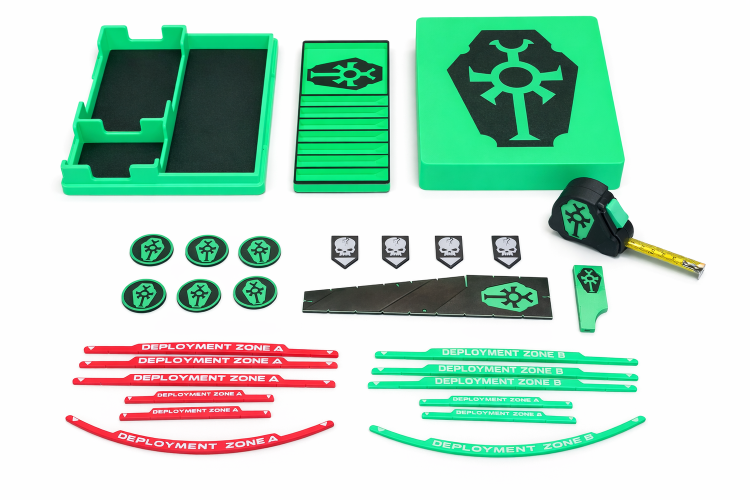 Forge Vault Battle Box Dice Tray Game Organiser - Customisable 40k Tape Measure, Deployment Markers, Battleshockm, measurement tools and tokens