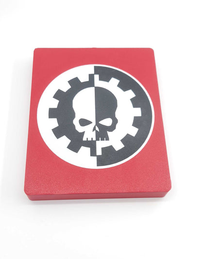 Red box with a black and white skull and gear design on a white background