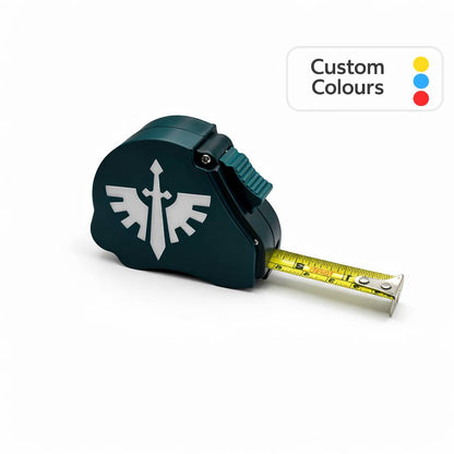 Dark Angels Space Marine tape measure extended showing dual scale - Warhammer 40K 10ft measuring tool with first legion emblem