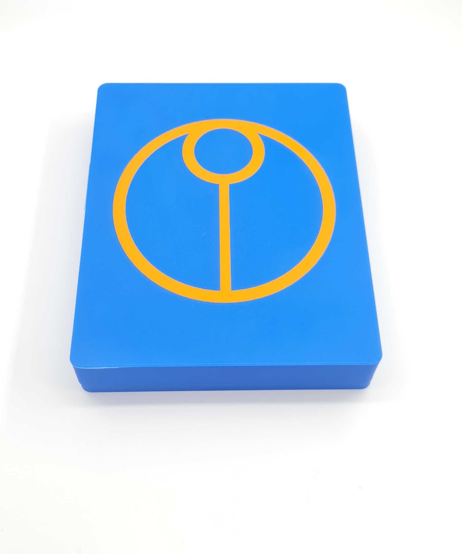 Blue square block with yellow circular symbol on a white background