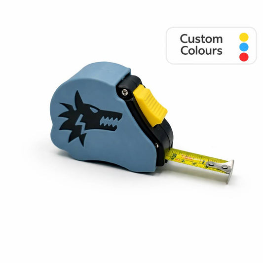 Blue tape measure with yellow accents on a white background