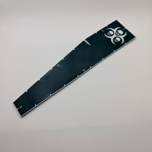 Death Guard Plague Legion measurement tool displaying game ranges - Warhammer 40K 9 6 3 2 1 inch ruler with faction emblem