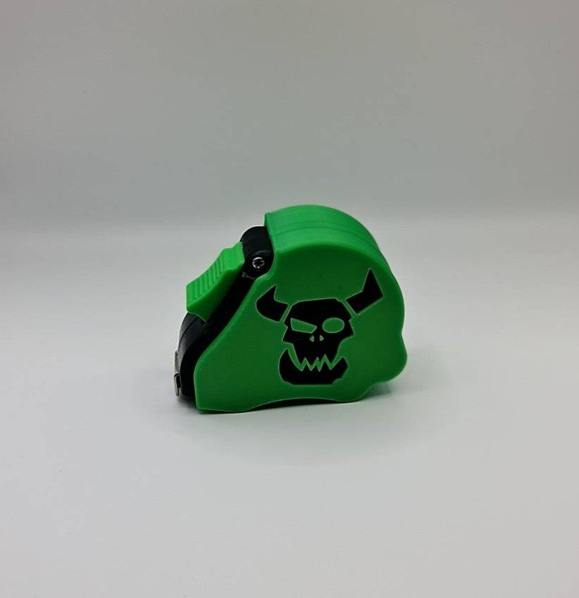 Ork greenskin tape measure - Warhammer 40K 10ft measuring tool with Waaagh emblem angled