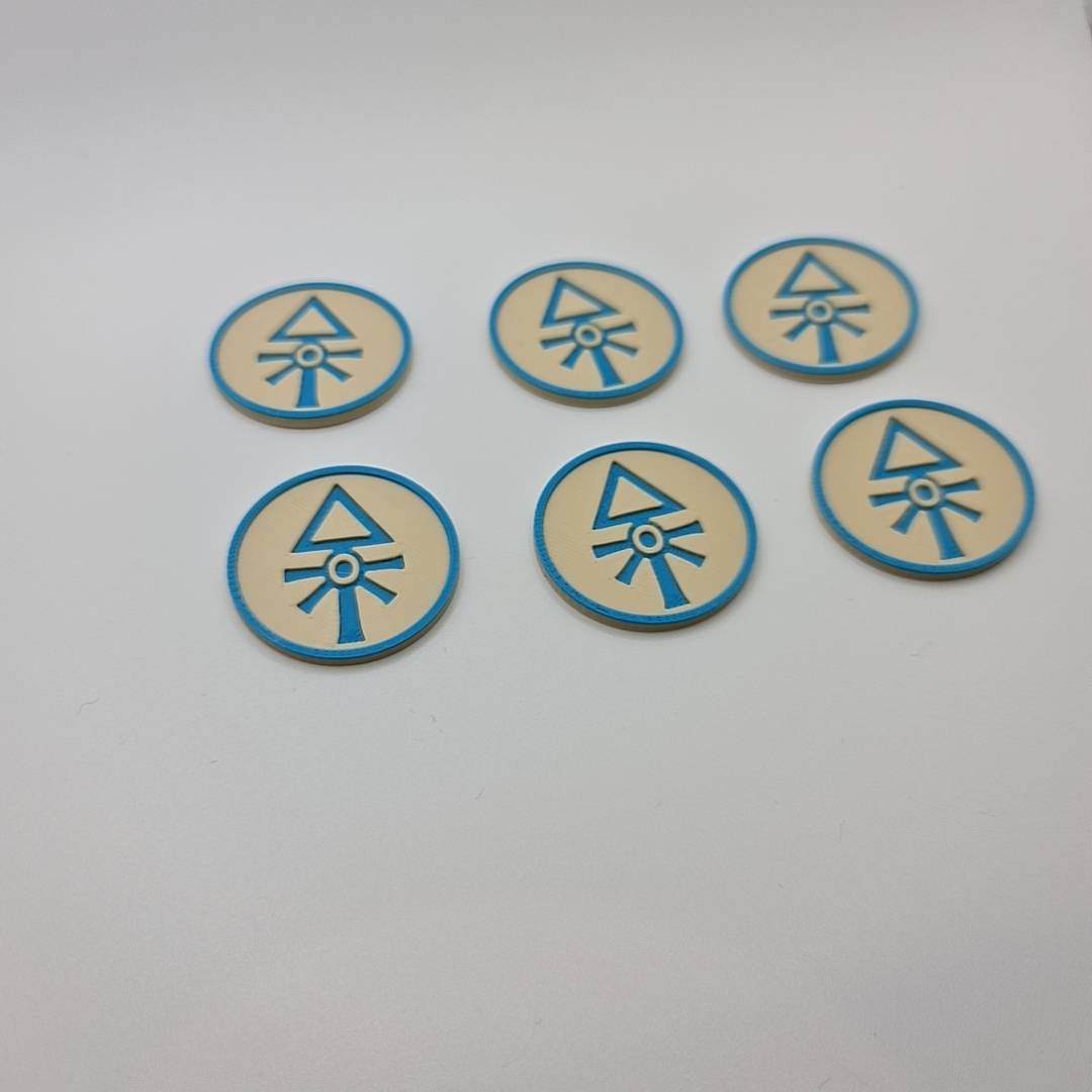 Space Elves Aeldari 40mm objective tokens set of 6 - Warhammer 40K mission markers with craftworld emblem in bone and blue