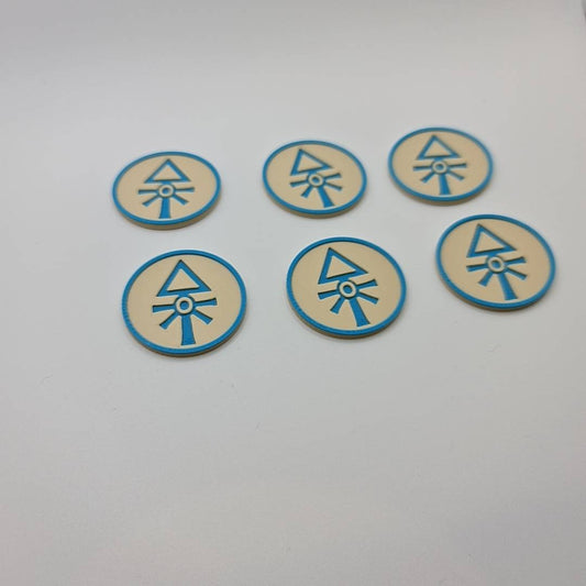 Space Elves Aeldari 40mm objective tokens set of 6 - Warhammer 40K mission markers with craftworld emblem in bone and blue