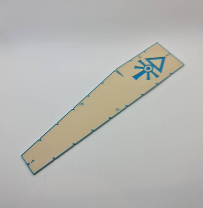 Space Elves Aeldari measurement tool displaying game ranges - Warhammer 40K 9 6 3 2 1 inch ruler with craftworld emblem in bone and blue