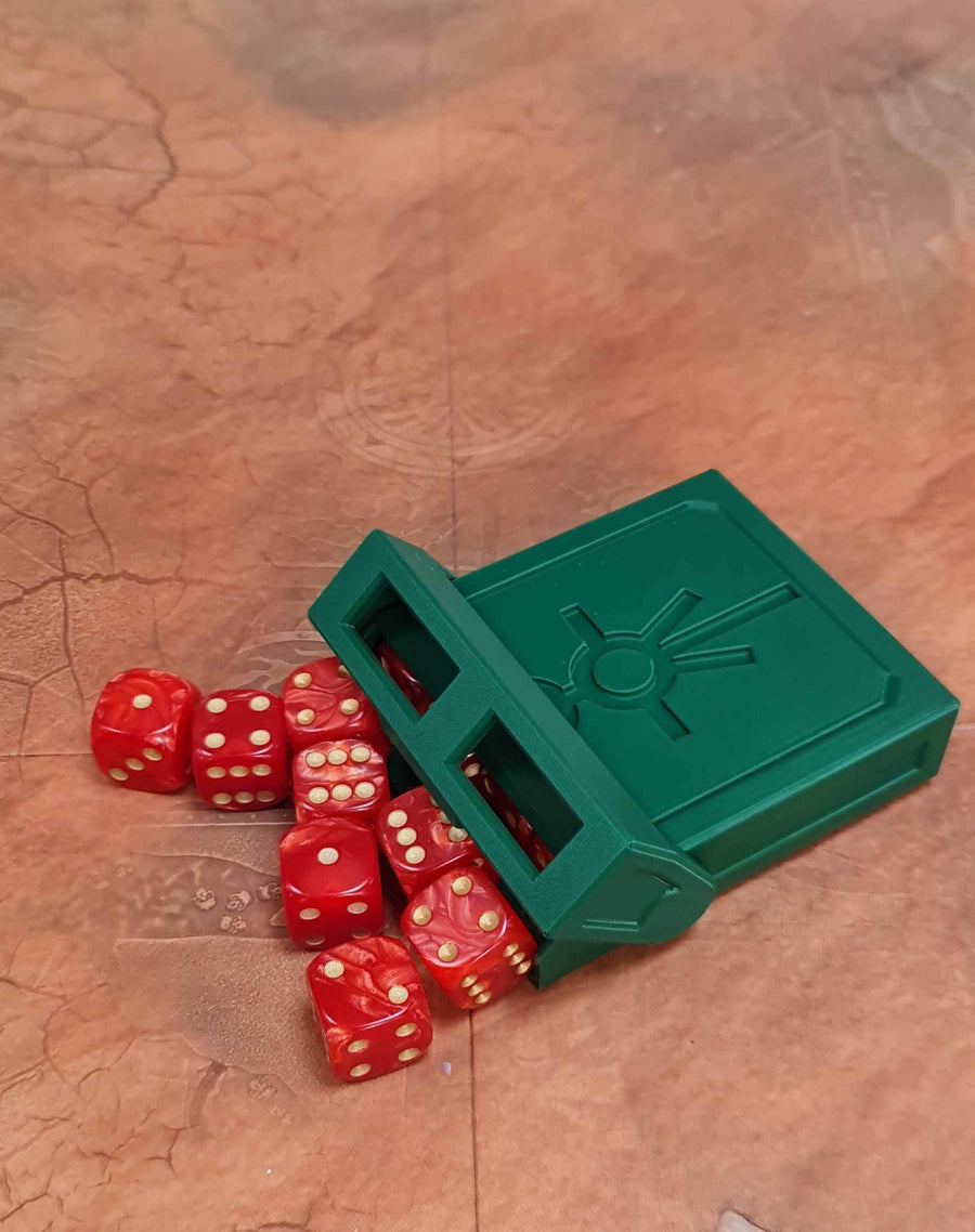 Custom dice holder with transparent window - stackable storage for 20 standard 16mm gaming dice